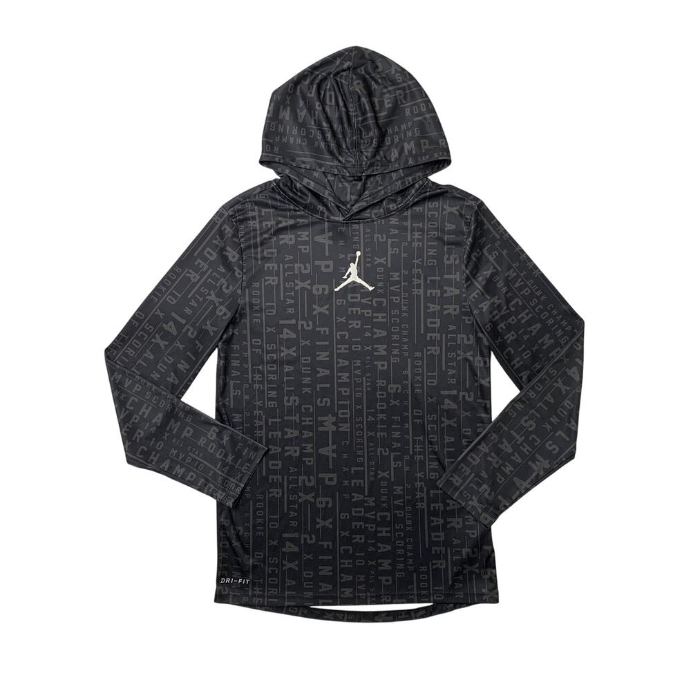 Jordan Hooded Shirt Boys L Large Dri Fit Accolades All Over Printed Long Sleeve